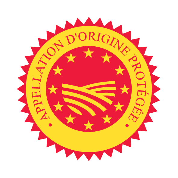 Logo européen AOP : cercle rouge et jaune, mention Appellation d’origine protégée