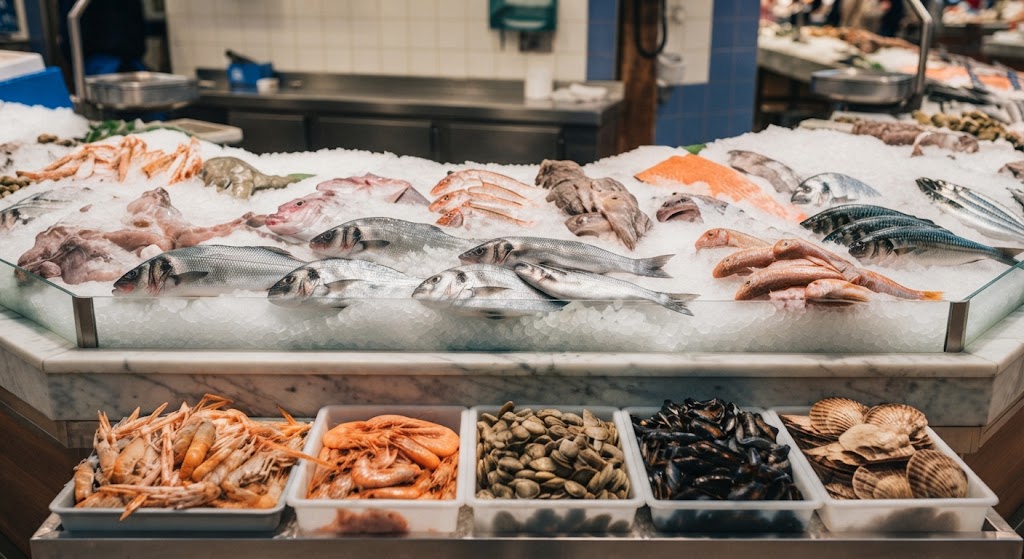 Étal de poissonnerie avec poissons entiers présentés sur glace pilée