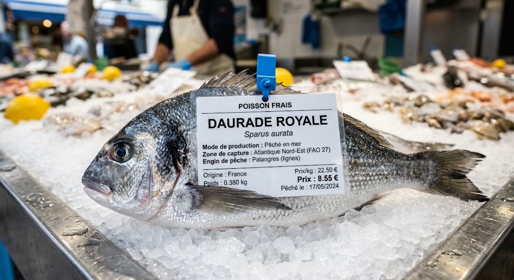 Étiquette de poisson frais indiquant espèce, nom scientifique, zone de capture et engin de pêche