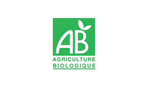 Logo AB : lettres blanches AB sur fond vert, mention Agriculture Biologique